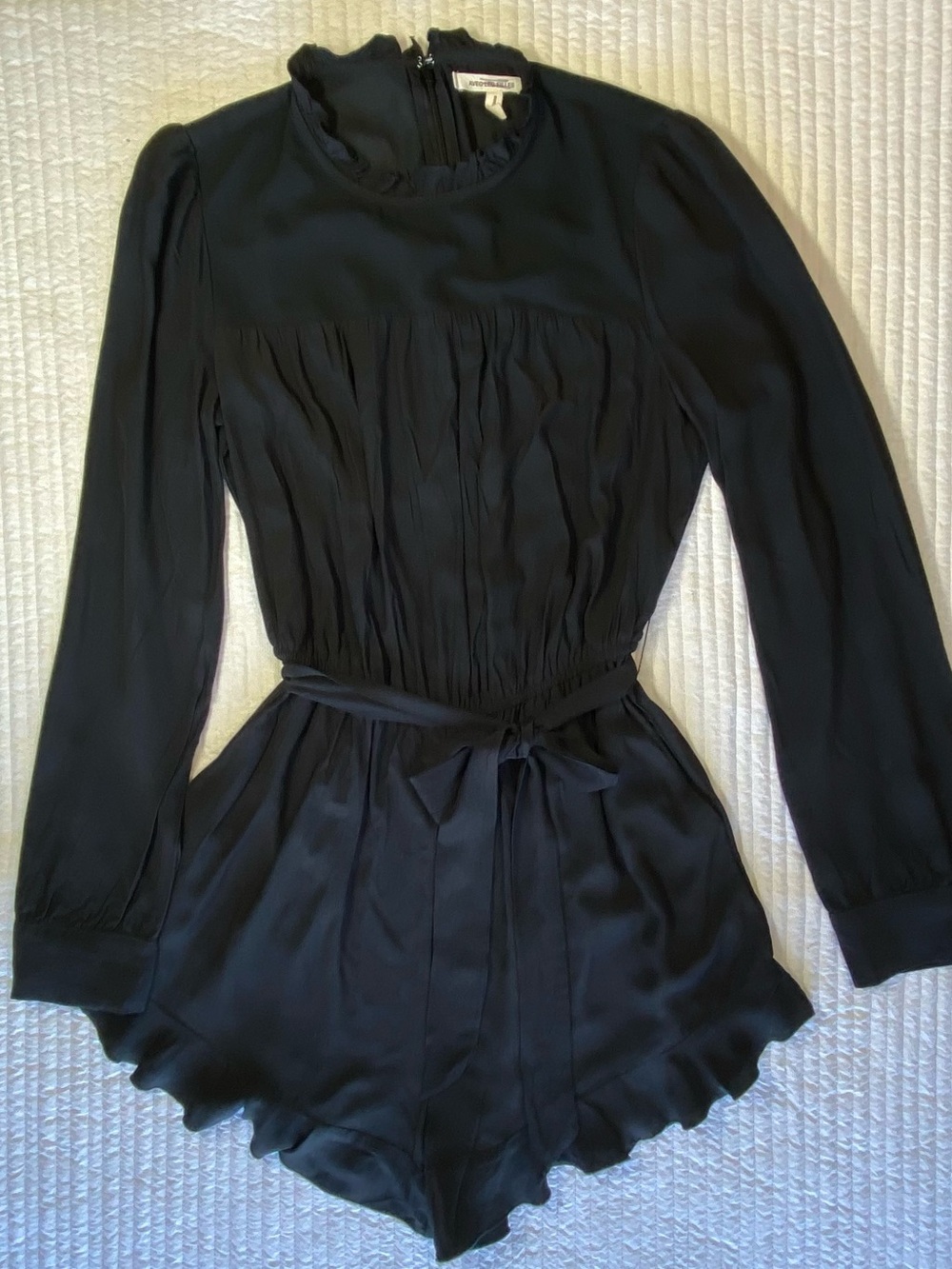 Avec Les Filles Black Long-Sleeve Satin Romper with Waist Tie